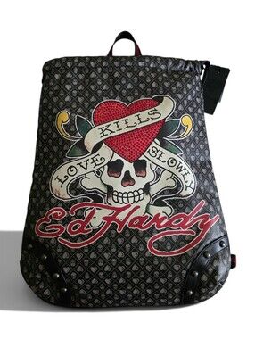 Ed Hardy Love Kills Slowly Skull & Rhinestone heart Drawstring Backpack Y2K